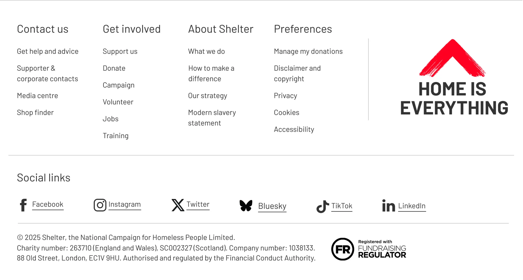 Shelter England website footer on desktop, built from the design system
