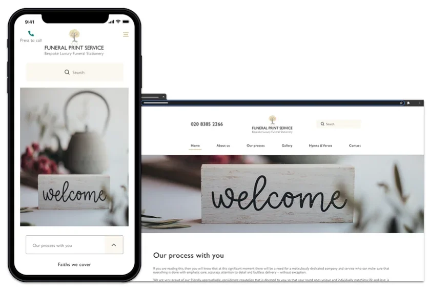 Funeral Print Service MVP website on a phone and a laptop