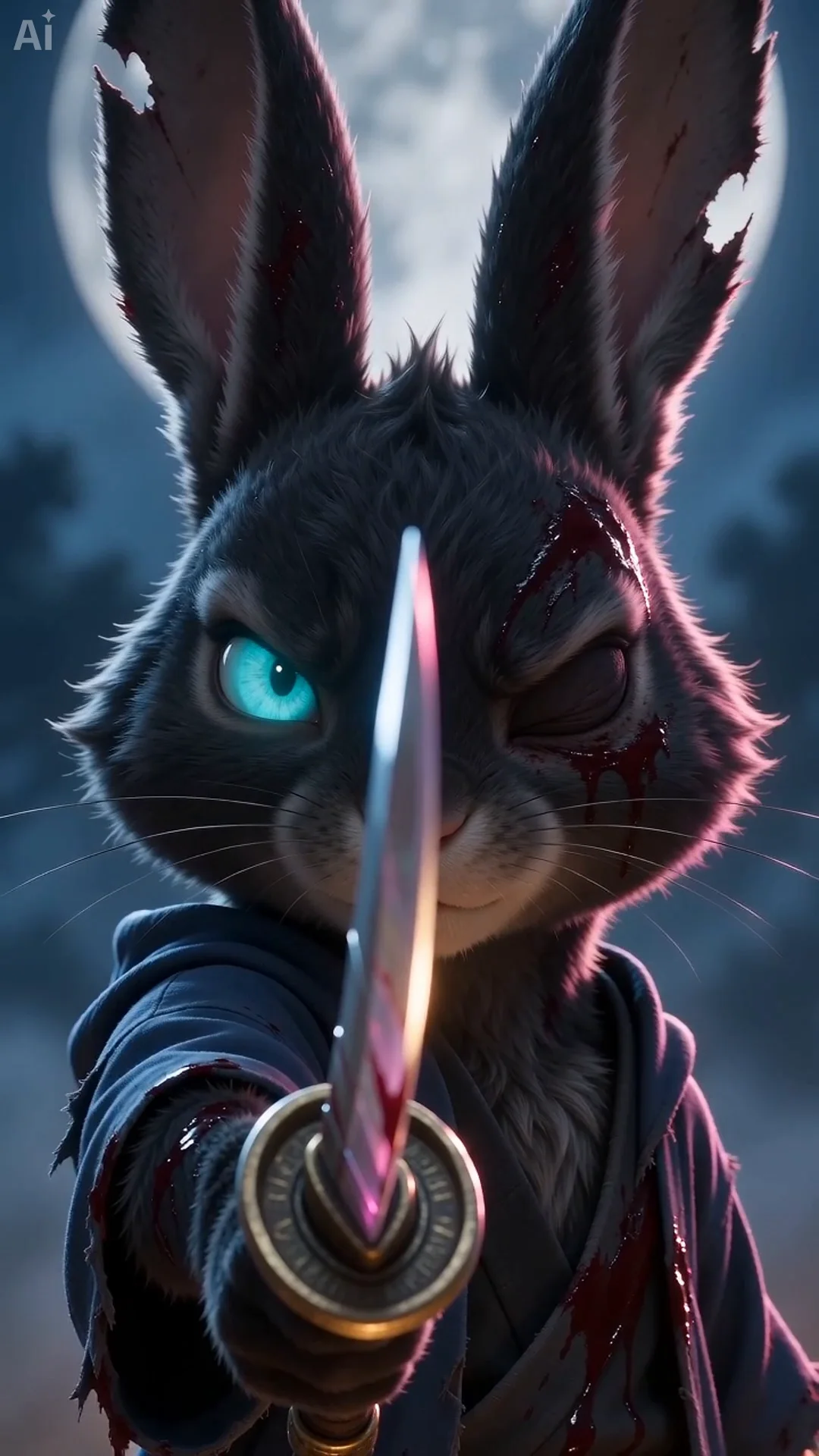 Kuro, a black hare with one glowing cyan eye, pointing his blade at the camera