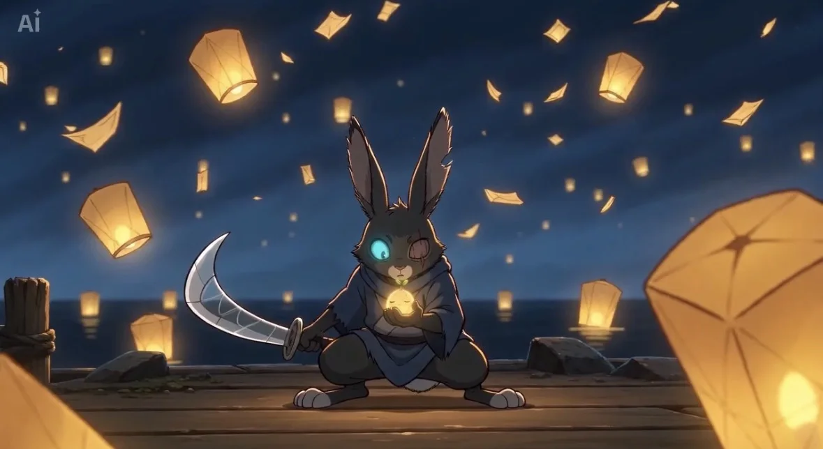 Kuro, a black hare ronin, crouched on a jetty at night holding the glowing Seed as paper lanterns rise