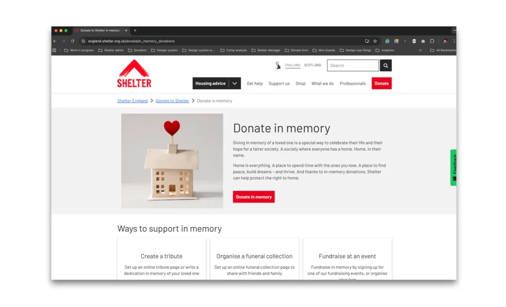 Shelter’s redesigned Donate in memory page, showing ways to support in memory