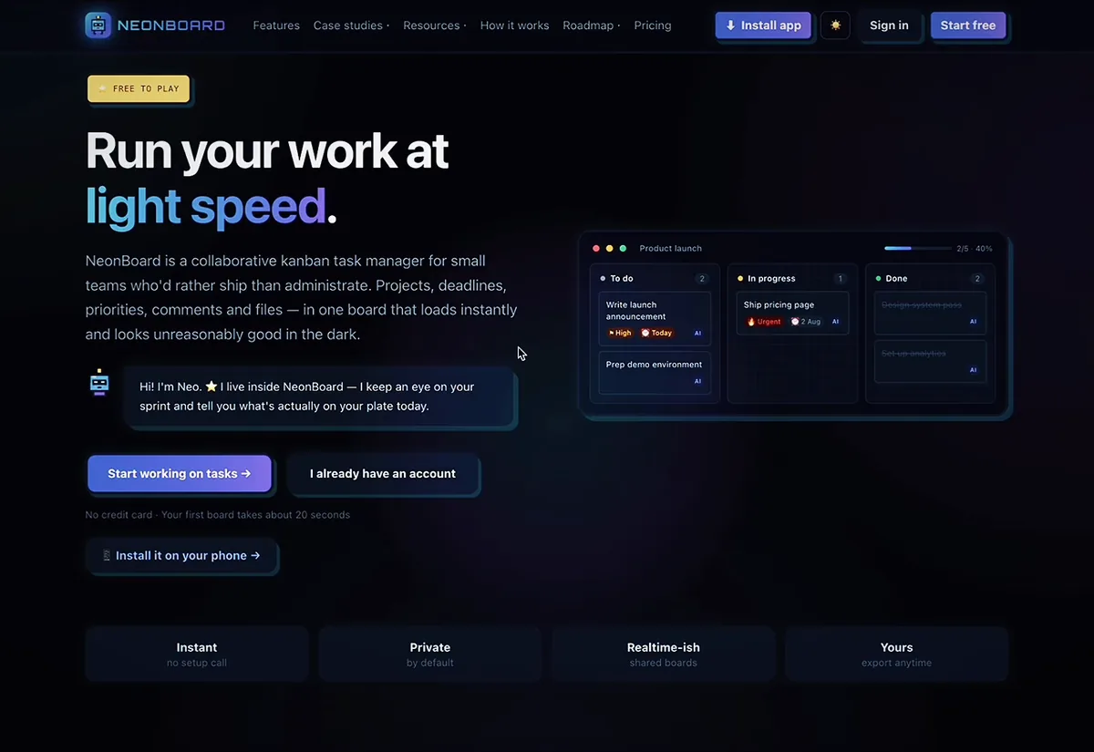 NeonBoard homepage: a kanban task manager for small teams