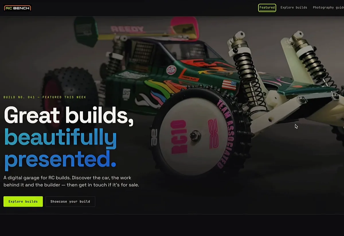 RC Bench homepage: a digital garage for radio-controlled car builds