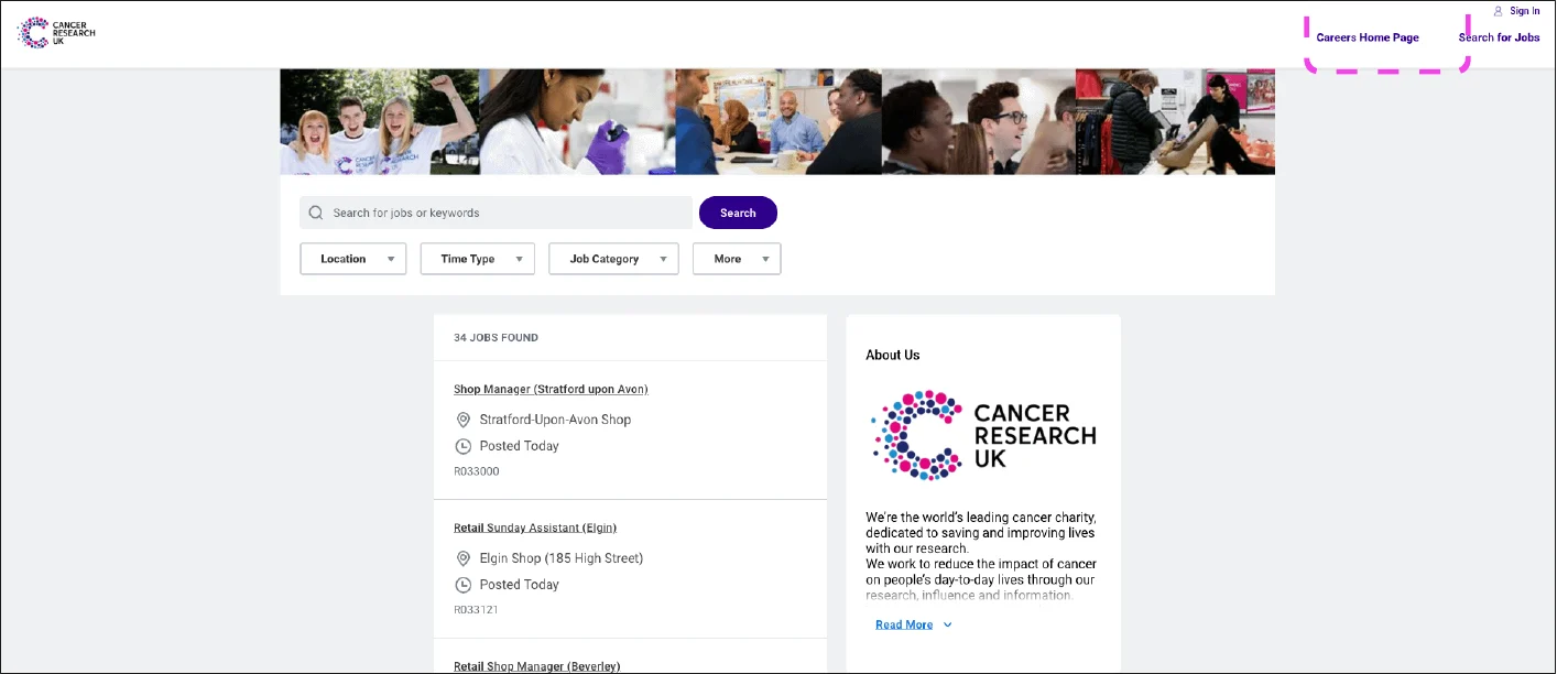 Cancer Research UK job search page with careers home link highlighted
