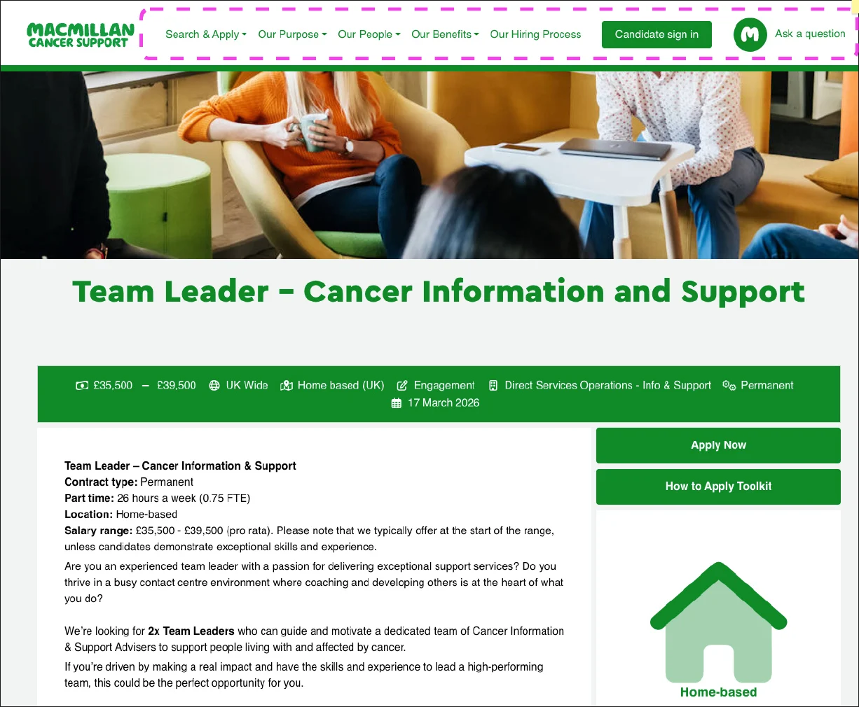 Macmillan job page with a careers-focused header highlighted