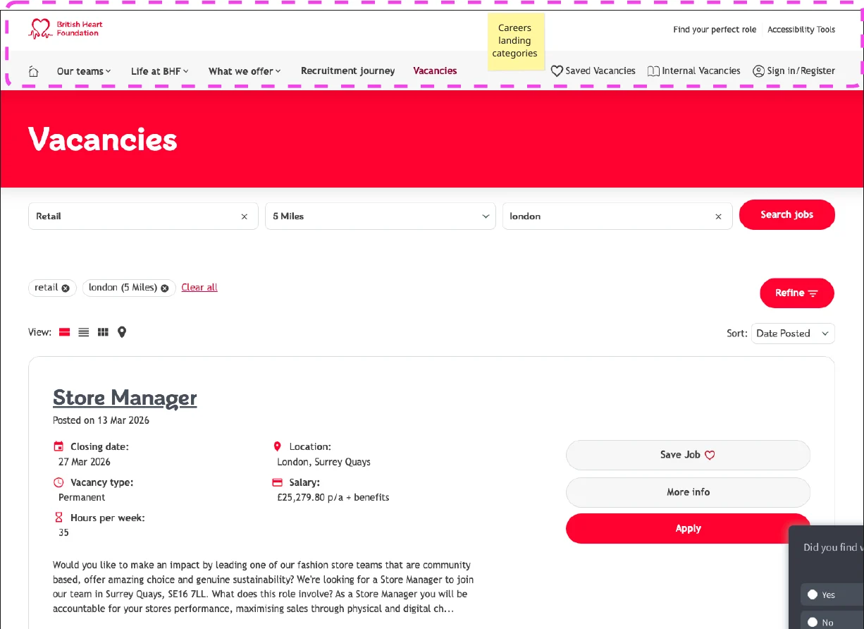 British Heart Foundation vacancies page with careers landing categories highlighted