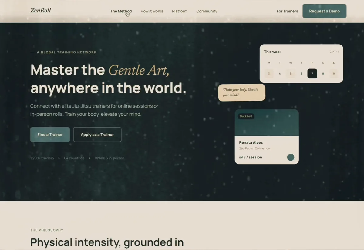 ZenRoll homepage: a global Jiu-Jitsu training network