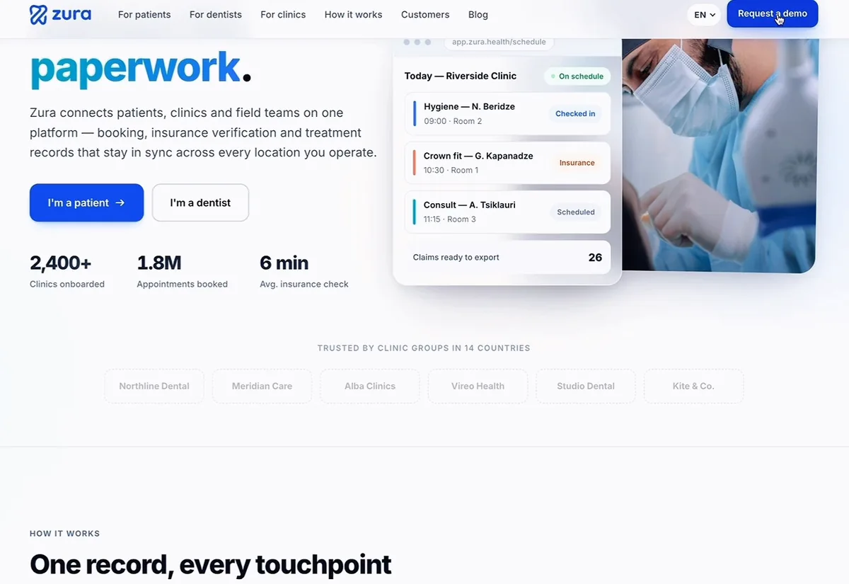 Zura homepage: one platform connecting patients, clinics and dentists